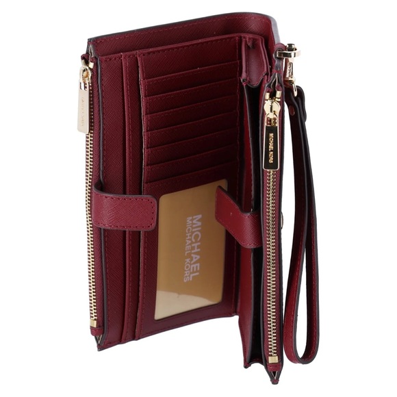 Michael Kors Jet Set Travel Large Double Zip Wristlet Phone Wallet Dark Cherry - Picture 3 of 6